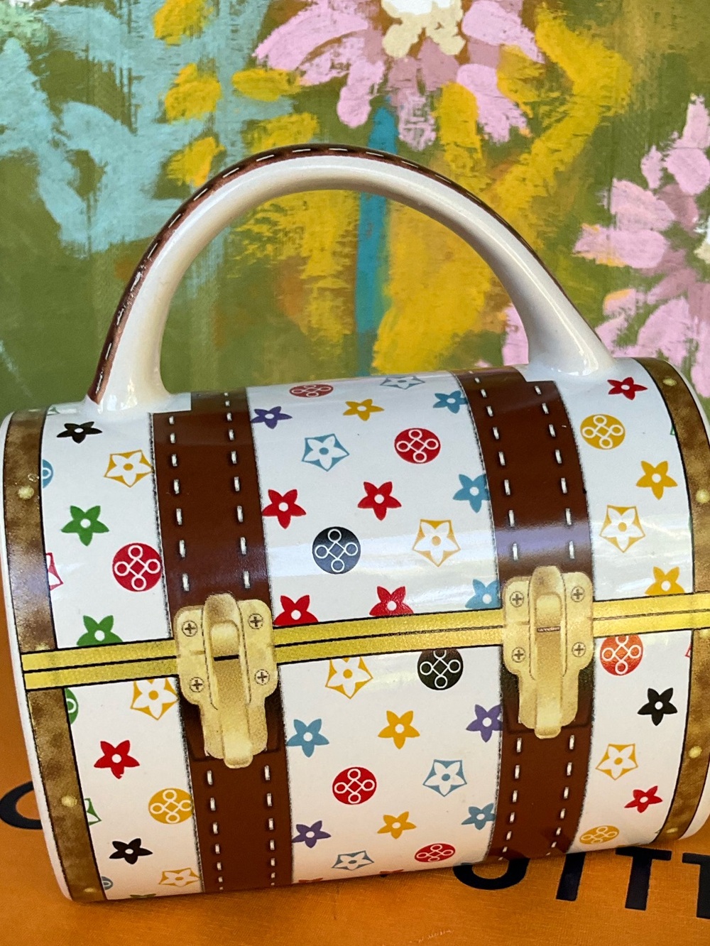 White Mini Coffees Mug Trunk with Multicolor Monogram Print - Picture 4 of 10